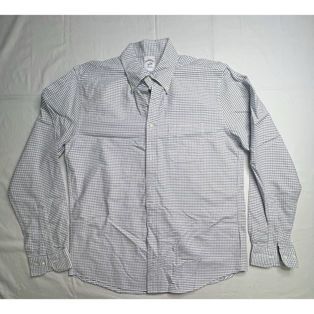 Brooks Brothers 1818 Mens Medium White Blue Plaid Button Down Shirt Sleeve Shirt